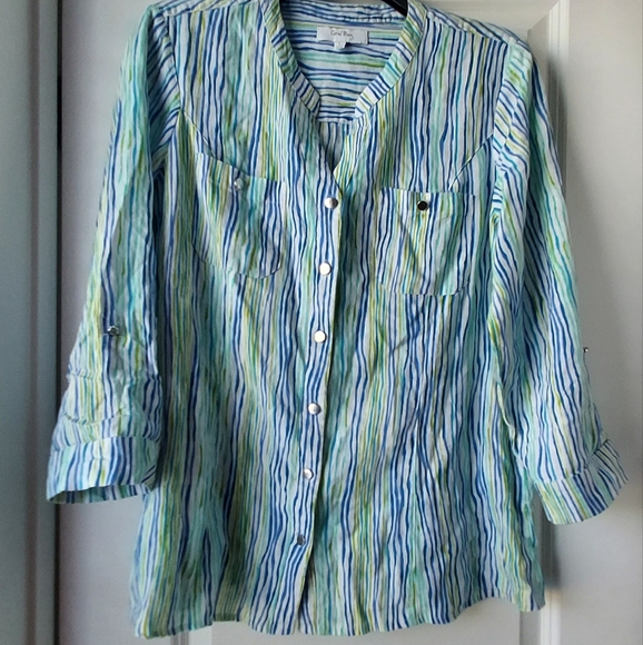 Coral Bay Womens L Striped Top L Linen Button 3/4 Roll Tab Sleeves Nautical READ - Picture 2 of 10